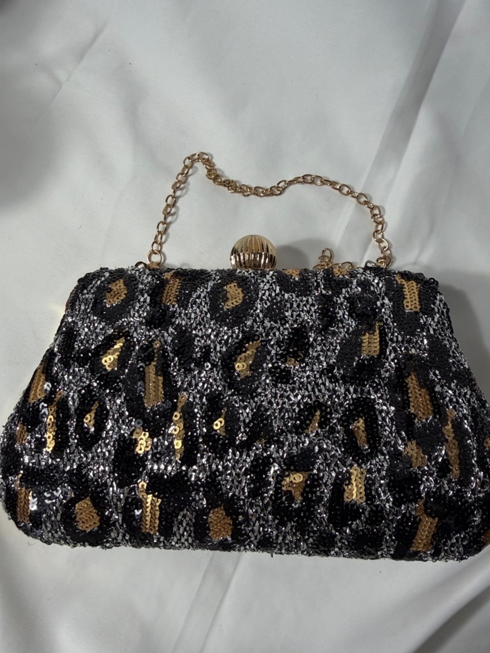 Sequin Leopard-Pattern Evening Clutch - Black & Gold